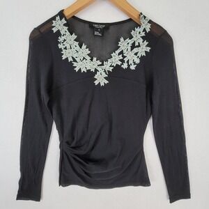 Karen Kane Lifestyle Black Embroidered Floral Sheer Yoke Top Women's Size S